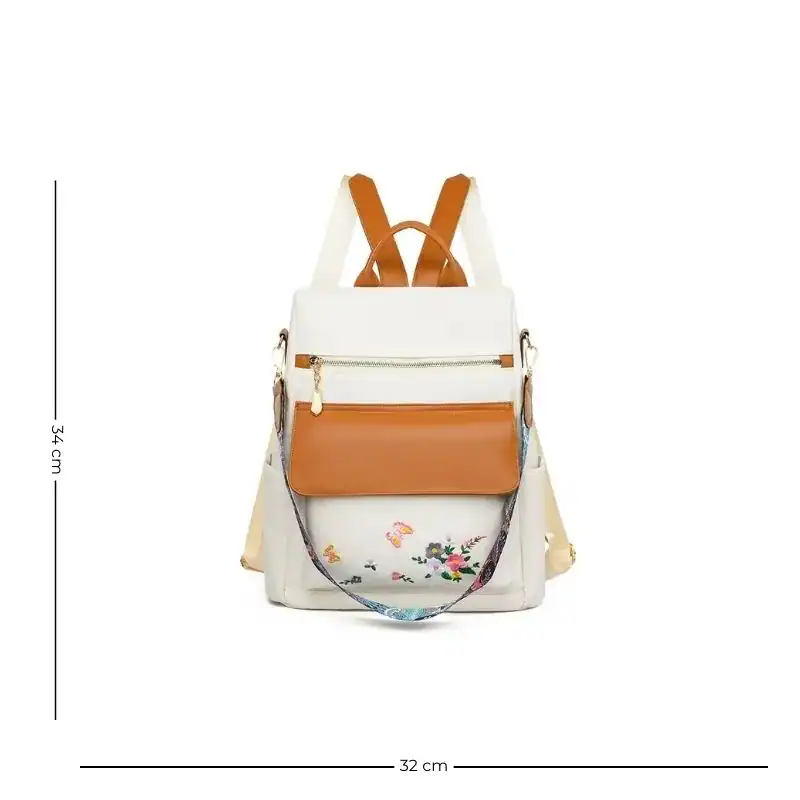 Vit ryggsäck med blommönster och orange detaljer, 34 cm hög.