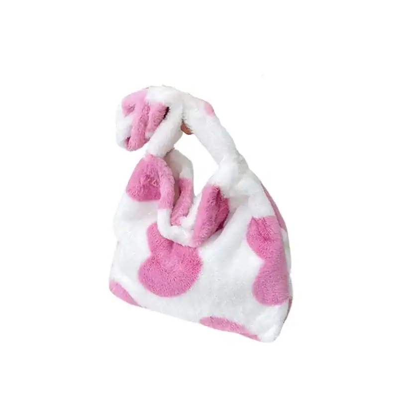 Vit fluffig väska med rosa hjärtan, Axelväska för flickor och tjejer.